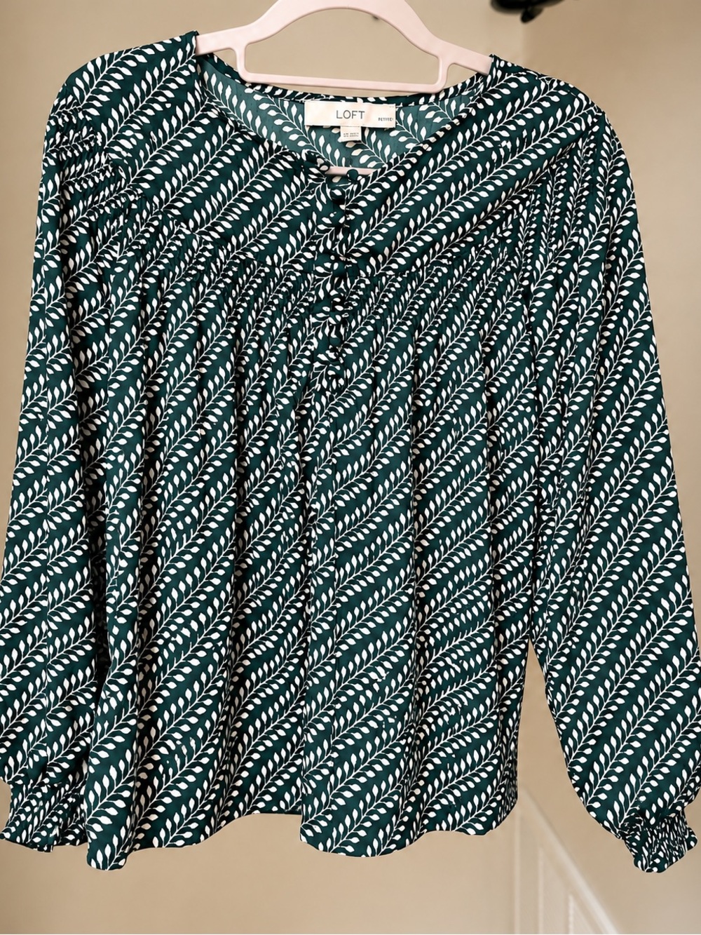 LOFT Teal Leaf-Print Long Sleeve Blouse